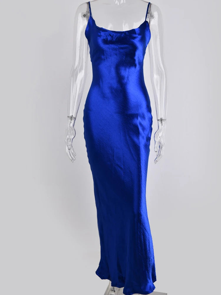 JULISSA MO Sexy Spaghetti Strap Backless Summer Dress Women Satin Lace Up Trumpet Long Dress Elegant Bodycon Party Dresses