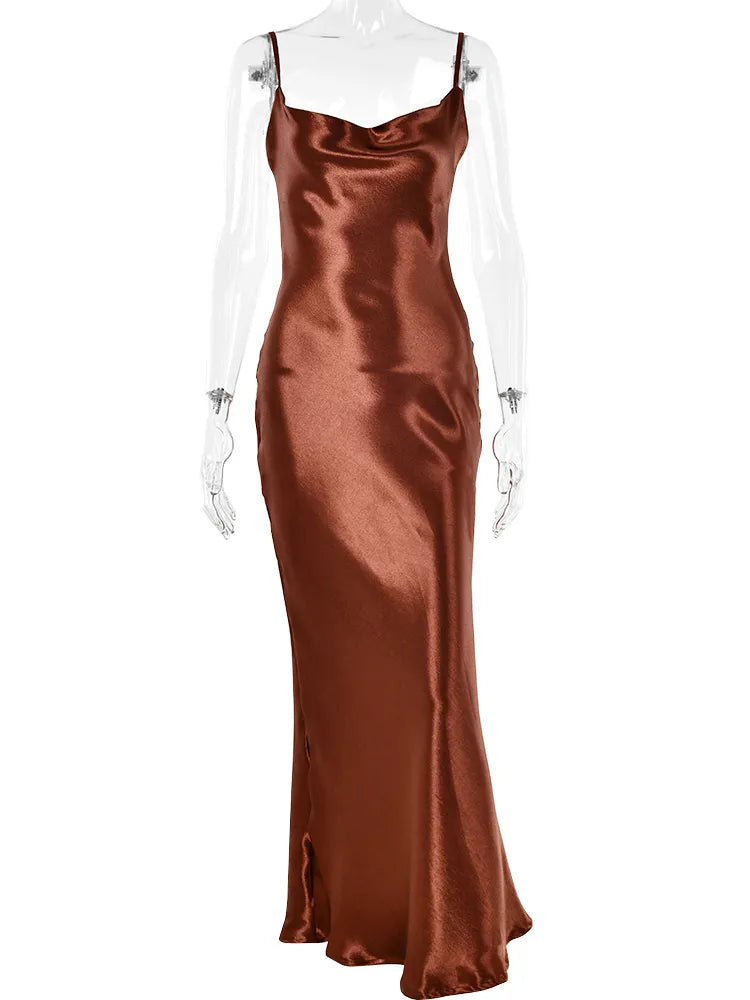 JULISSA MO Sexy Spaghetti Strap Backless Summer Dress Women Satin Lace Up Trumpet Long Dress Elegant Bodycon Party Dresses