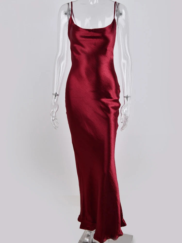 JULISSA MO Sexy Spaghetti Strap Backless Summer Dress Women Satin Lace Up Trumpet Long Dress Elegant Bodycon Party Dresses